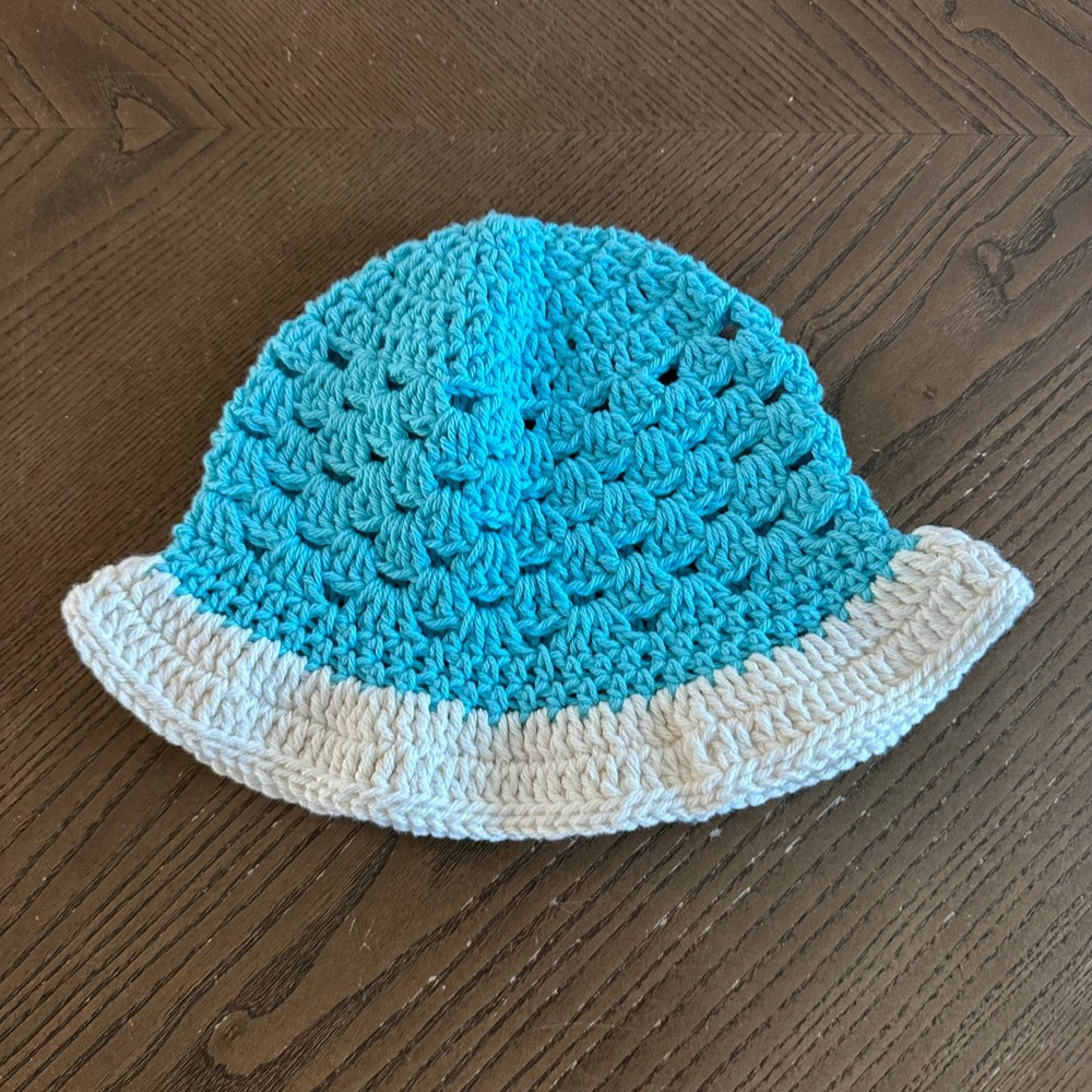 Handmade Crochet Bucket Hat Turquoise Blue Cream White Boho Summer Festival Hat